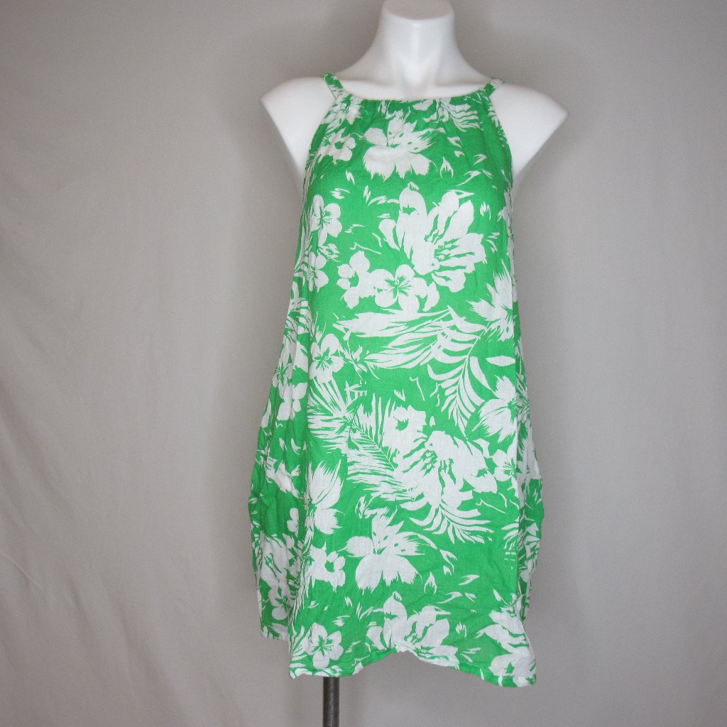 C & C California Green Palm Tree Print Tank Dress Linen Blend Women's L Large